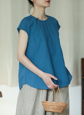 大拙。春夏又到了露锁骨的季节圆领苎麻简约百搭短袖小衫60519