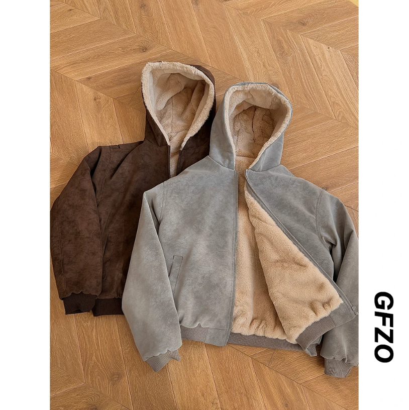 G501线上商店一件过冬PU皮座山雕男女复古加绒仿兔毛连帽棉衣外套