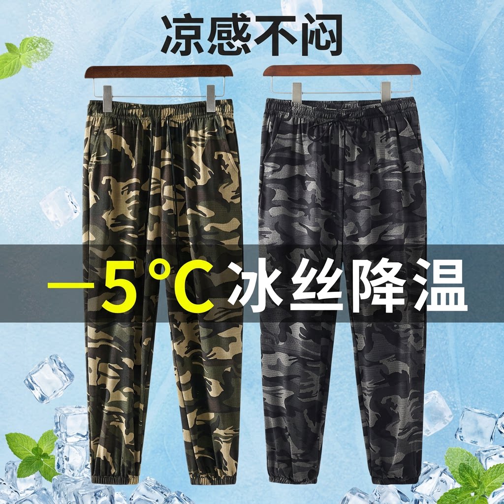 夏季薄款冰丝迷彩裤男女小脚裤运动速干弹力长裤子宽松休闲束脚裤