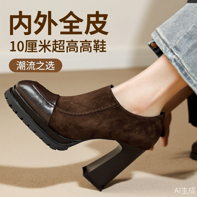 里外全皮10cm高跟深口单鞋女春秋复古磨砂皮防水台粗跟拼接通勤鞋,女鞋,深口单鞋,淘宝优惠券,粉丝福利购,淘宝优惠卷