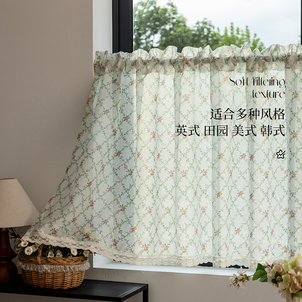 厨房半帘短帘法式印花纱帘卧室飘窗小窗户纱短款纱帘田园门帘窗帘