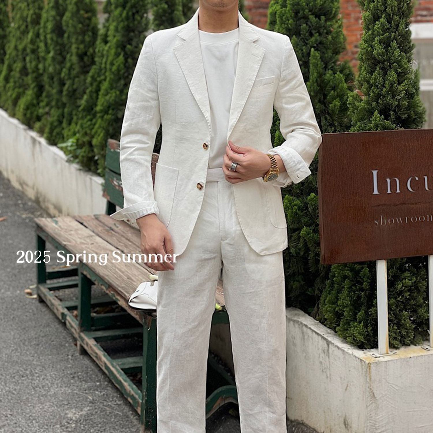 胖子大码亚麻时尚显瘦休闲西服套装英伦复古修身西装潮老钱风薄款