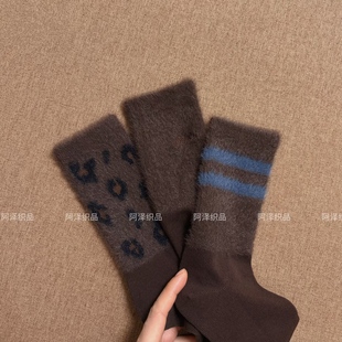 秋冬毛绒袜也太会了~咖啡色系条纹中筒女袜子ins潮个性豹纹长袜棉