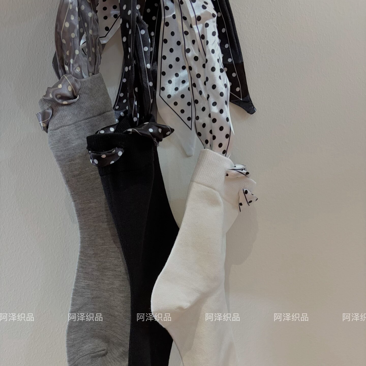 波点蝴蝶结绑带中筒袜女春夏百搭