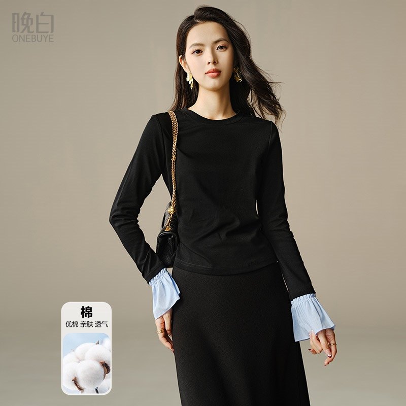 晚白【断码清仓】2025冬经典百搭上衣棉圆领气质T恤衫女