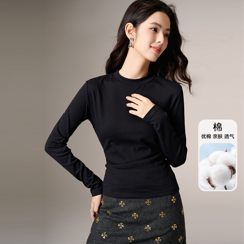 晚白2025年秋冬新款经典简约棉料打底衫修身显瘦舒适百搭T恤衫女