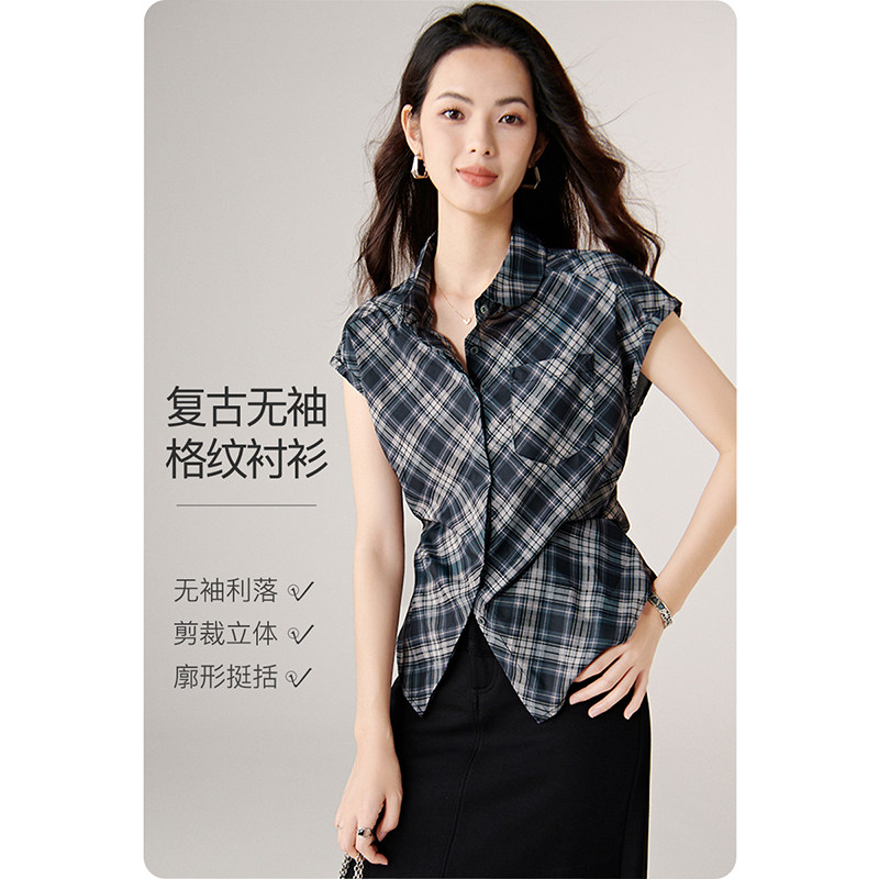 晚白2026年春新款时尚复古格纹上衣挺括利落干练通勤无袖衬衫女,女装/女士精品,衬衫,淘宝优惠券,粉丝福利购,淘宝优惠卷