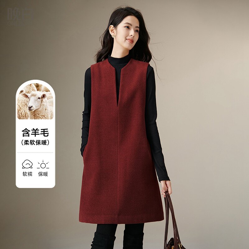 晚白2025年秋冬新款时尚气质新年复古红V领裙子含羊毛无袖连衣裙