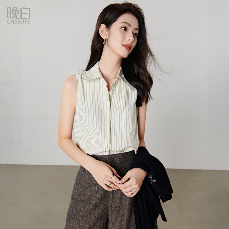 晚白条纹翻领内搭打底衬衫