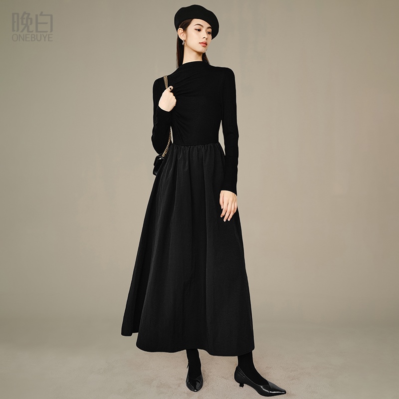 晚白纯色高腰大摆拼接连衣裙