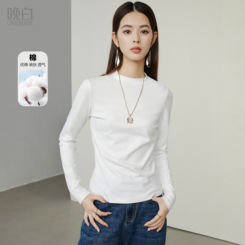 晚白纯色圆领棉质内搭打底T恤