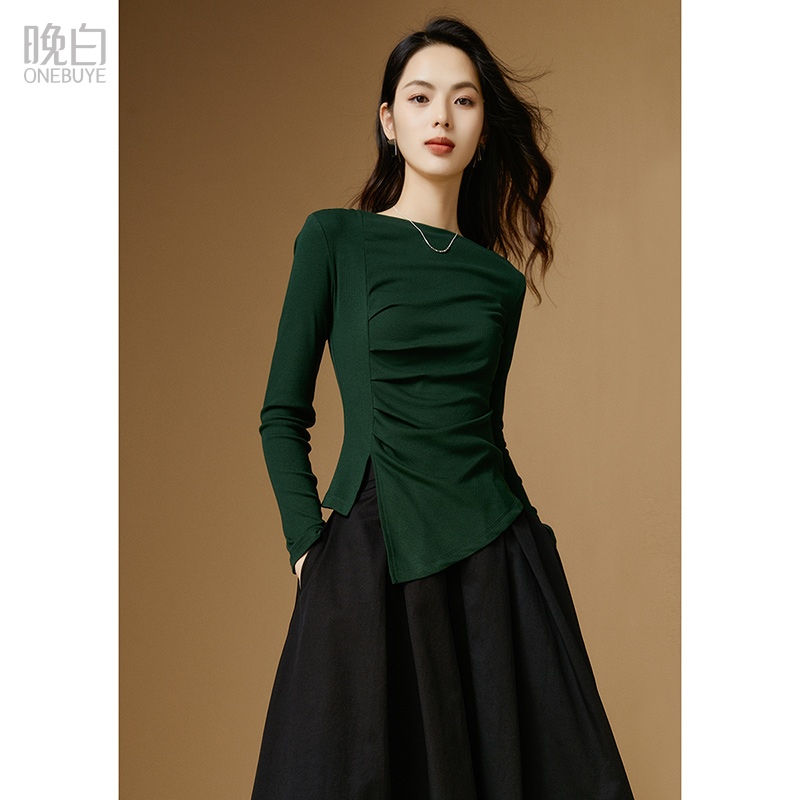 晚白2025新款高级感小众气质上衣一字领修身春装打底衫女长袖t恤