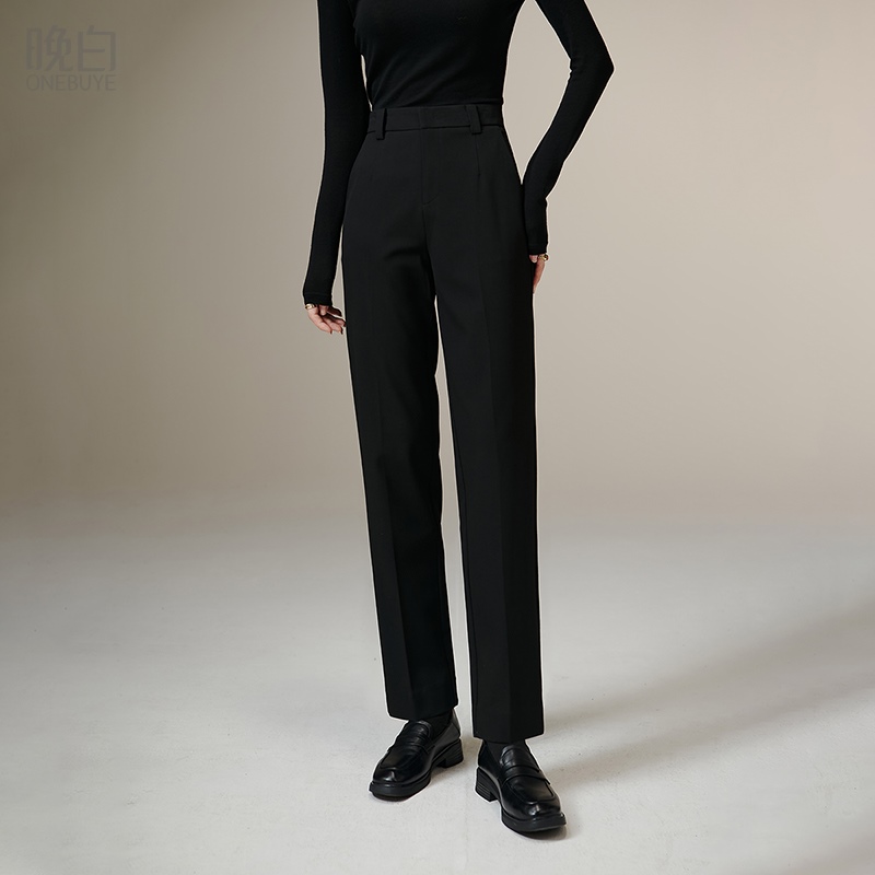 晚白纯色高腰直筒休闲裤女