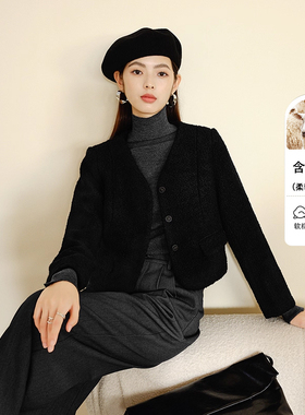 晚白2025年冬新款时尚简约绵羊毛小个子上衣百搭短款摇粒绒外套女