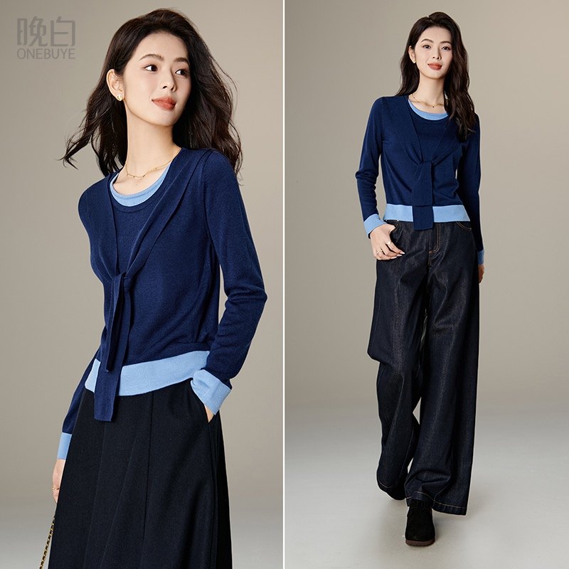 晚白2026年春新款含羊毛上衣圆领简约撞色假两件套头针织衫女