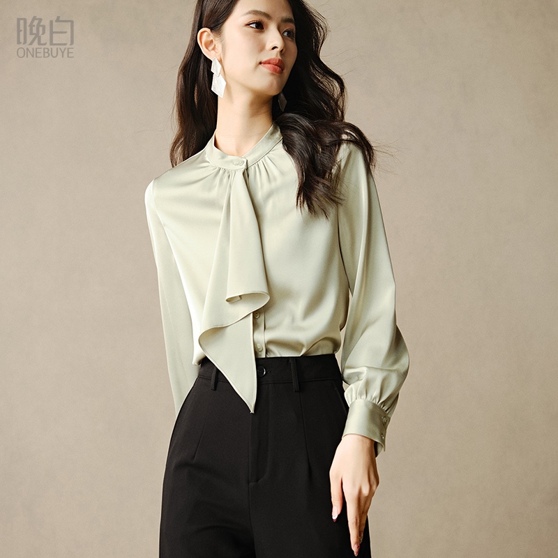 晚白2025春季新款女士法式气质职业通勤衬衣飘带衬衫女精致上衣