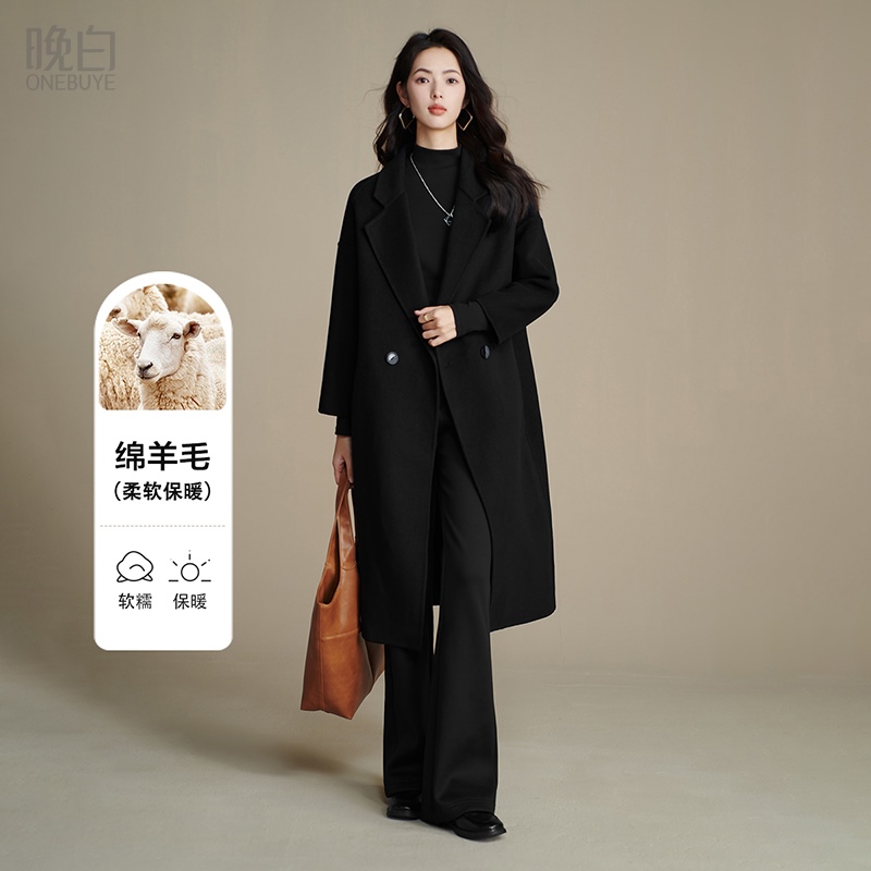 晚白翻驳领减龄双面呢羊毛大衣