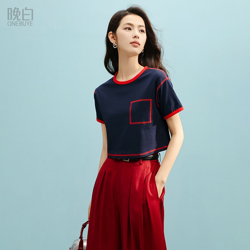 晚白2026年夏新款时尚简约圆领棉料短袖休闲亲肤弹力短款T恤女