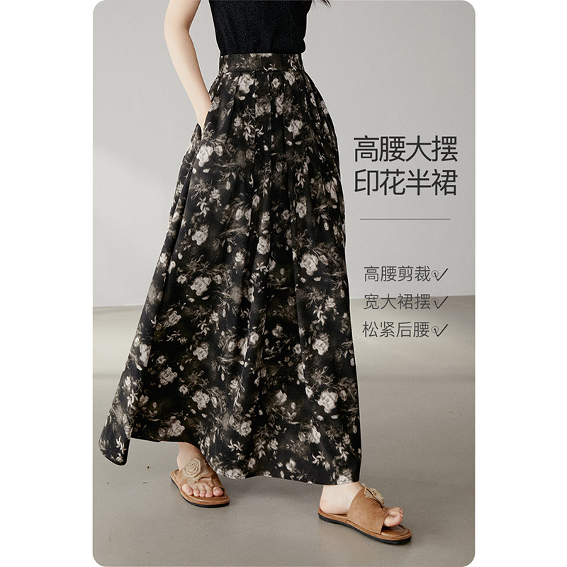 晚白2026年春新款时尚复古文艺风长裙雪纺印花减龄大摆半身裙