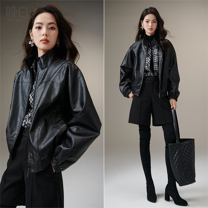 晚白2025年秋冬新款立领气质皮上衣简约港风时髦感机车夹克外套女