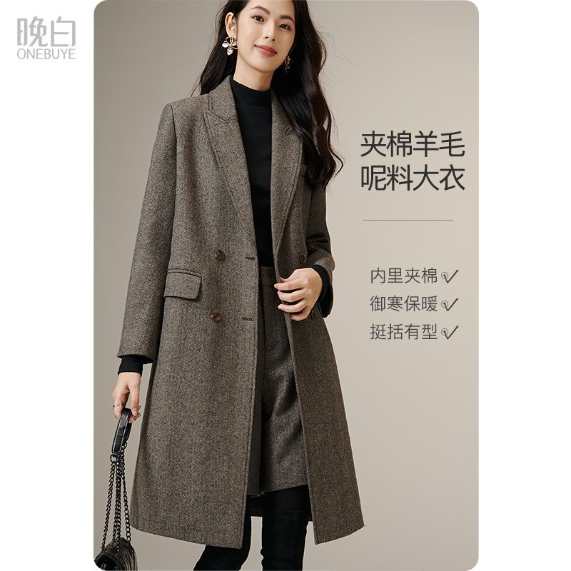 晚白2025年冬新款法式气质翻驳领夹棉外套挺括利落百搭羊毛大衣女,女装/女士精品,毛呢外套,淘宝优惠券,粉丝福利购,淘宝优惠卷