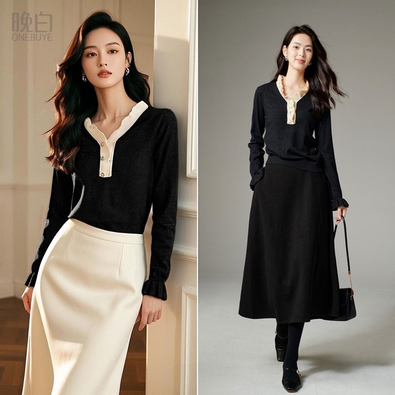 晚白2025年秋冬新款时尚简约休闲毛衣气质V领花边优雅针织衫女