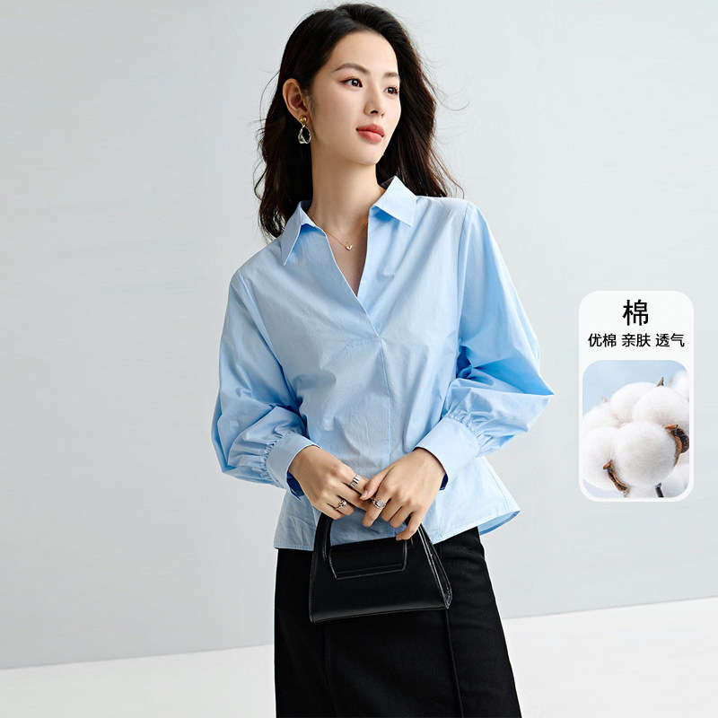 晚白2026年春新款经典时尚法式V领全棉上衣干练亲肤大码衬衫女
