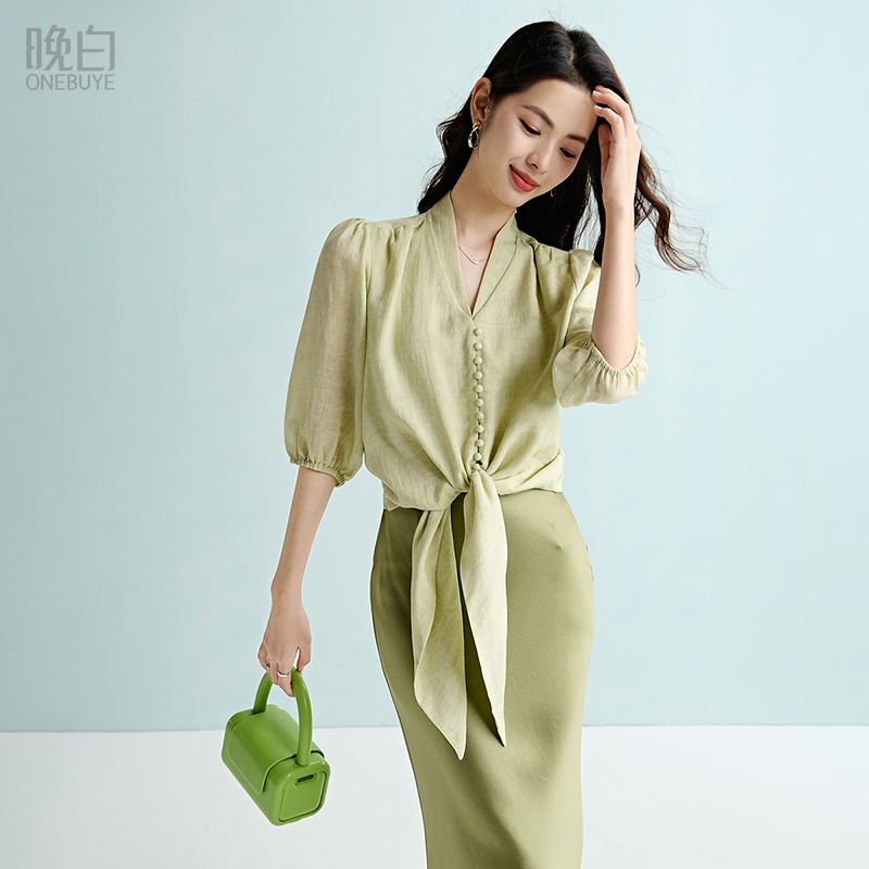 晚白系带莱赛尔减龄透气衬衫