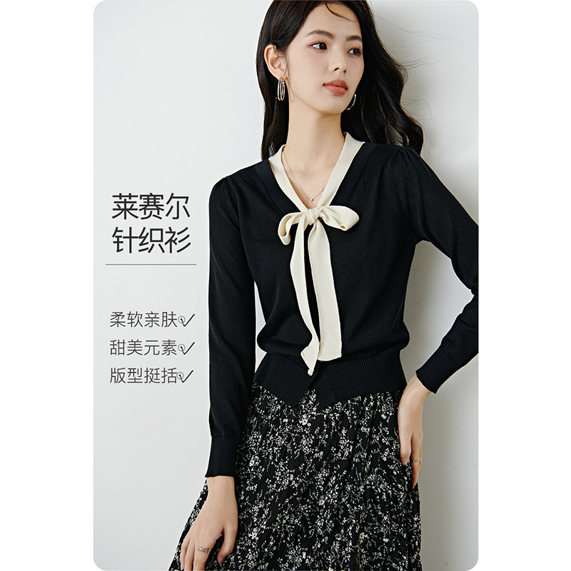 晚白2026春款经典撞色V领毛衣系带蝴蝶结莱赛尔针织衫上衣女