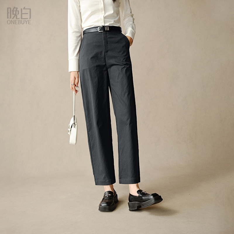 晚白纯色高腰弹力松紧哈伦裤