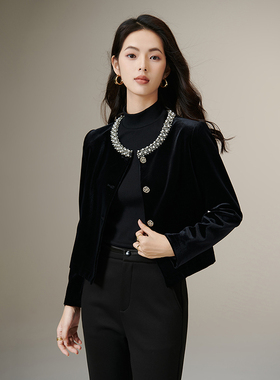 晚白2025年秋冬新款复古轻奢丝绒名媛风上衣气质钉珠圆领短外套女