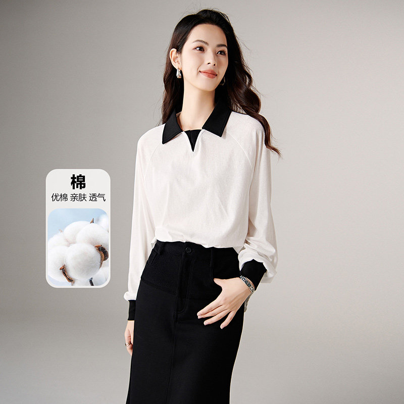 晚白2026年春新款休闲撞色亲肤棉质上衣时尚翻领轻薄大码T恤衫女