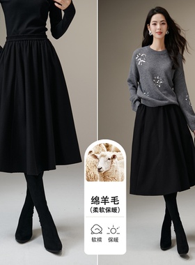 晚白2025秋冬新款绵羊毛黑色裙子高腰气质百搭伞裙a字半身裙