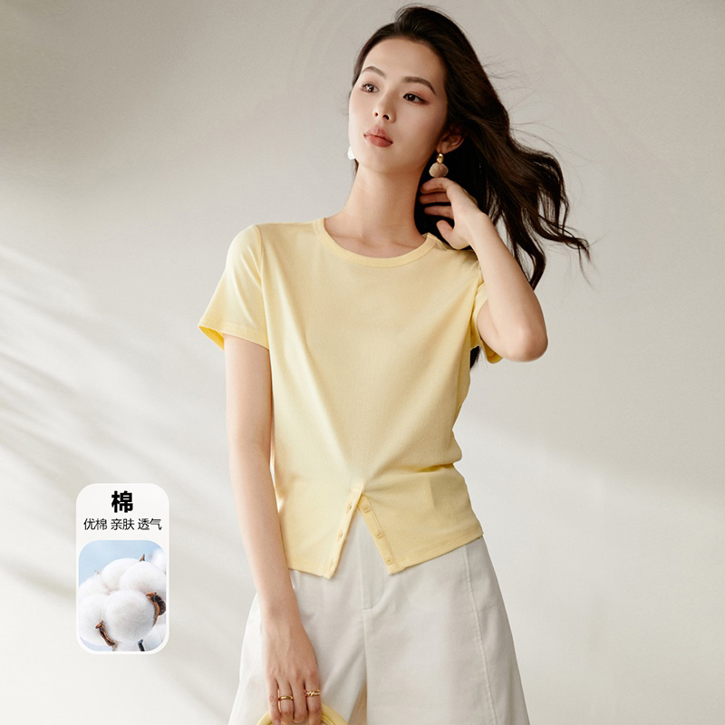 晚白纯色高弹内搭圆领亲肤T恤
