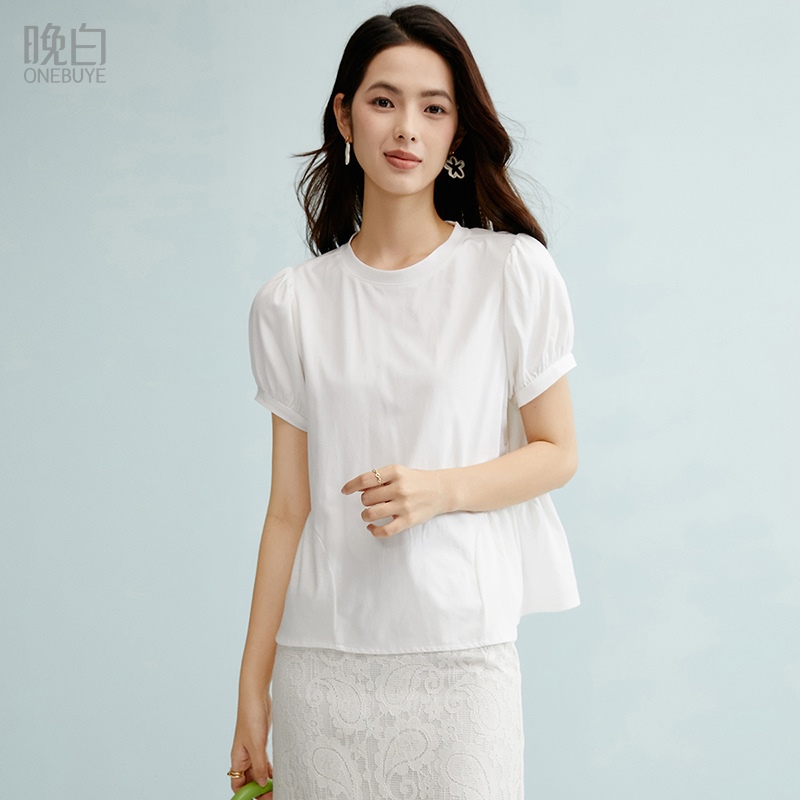 晚白2025年夏新款简约大码宽松上衣微胖大码系列棉质短袖T恤衫女