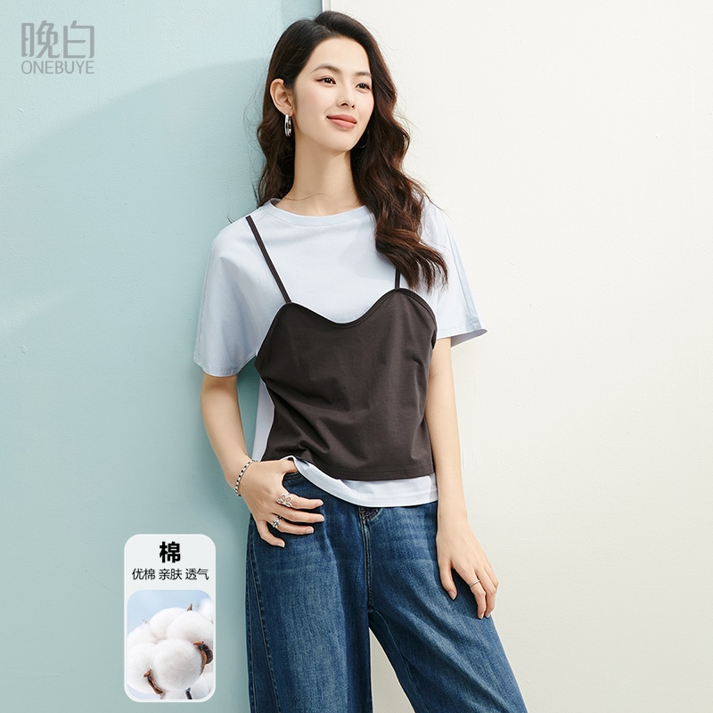 晚白全棉假两件亲肤短袖T恤