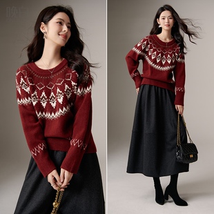 晚白2025年秋冬费尔岛风红色毛衣时尚 女 宽松新年圣诞上衣针织衫