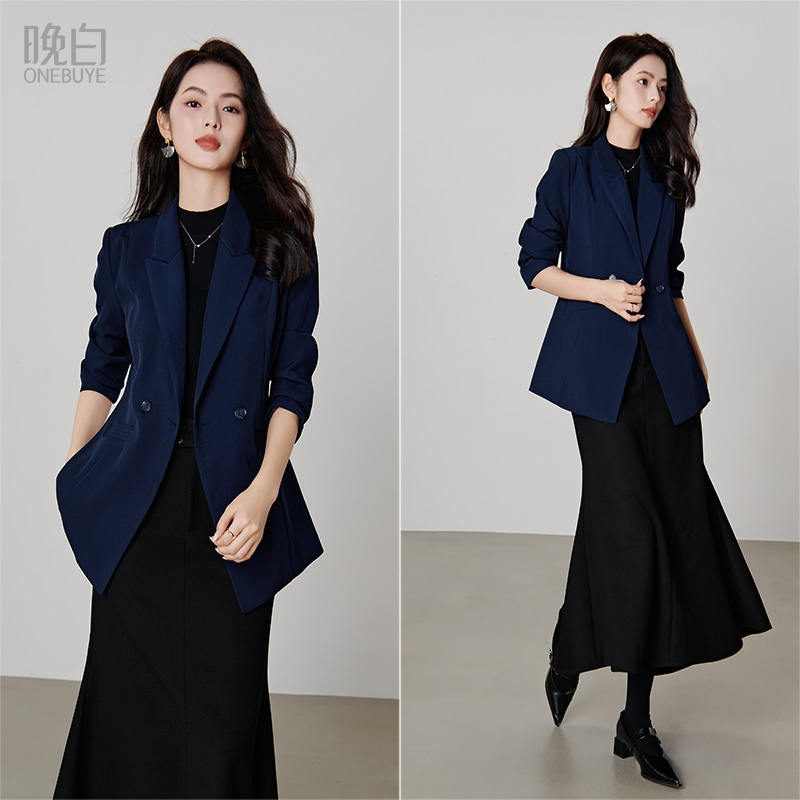 晚白纯色双排扣翻领西装外套