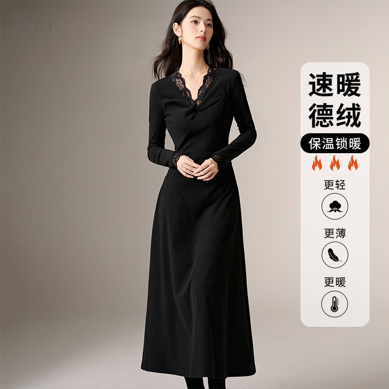 晚白2026春新款法式时尚轻熟风V领裙子修身显瘦德绒保暖连衣裙