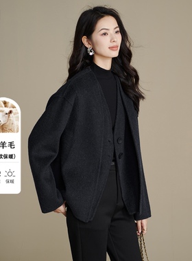 晚白2025秋冬新款老钱风气质黑色小个子外套短款羊毛毛呢大衣女