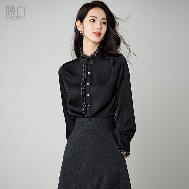 晚白2025秋冬新款显瘦纯色衬衫立领长袖衬衣简约轻奢上衣女