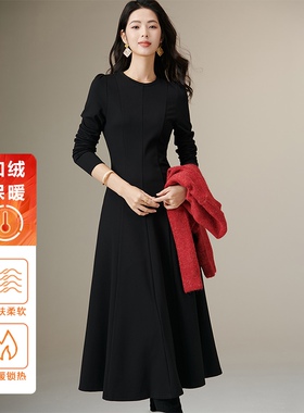 晚白春新款时尚休闲裙子纸片人气质长袖黑色连衣裙女轻奢高级感