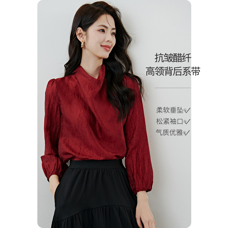 晚白2026年春新款复古港风荡领醋酸上衣丝光柔软气质显白衬衫女