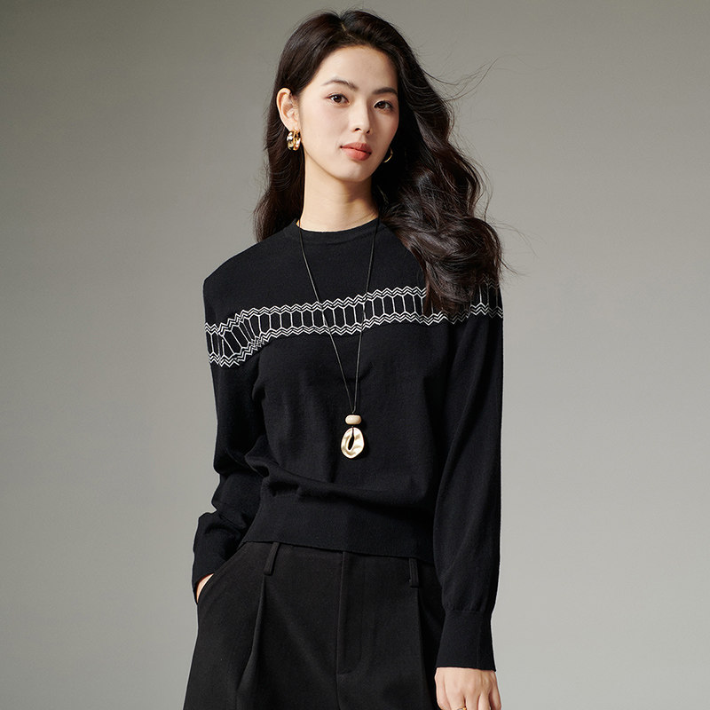 晚白2026年春新款圆领含绵羊毛设计感气质慵懒风宽松针织衫女