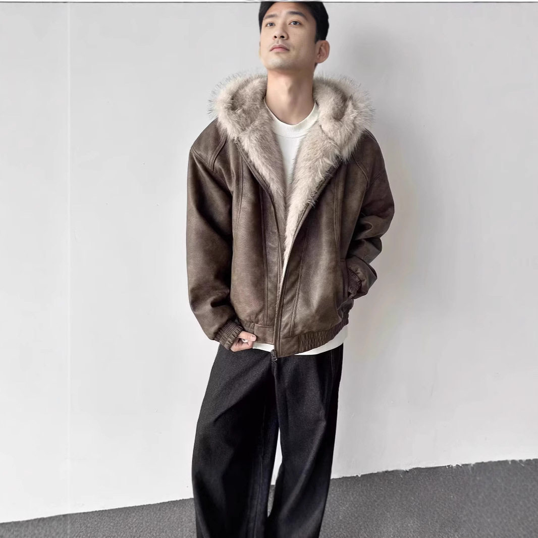 皮毛一体廓形座山雕大毛领棉服男宽松设计感美拉德外套潮