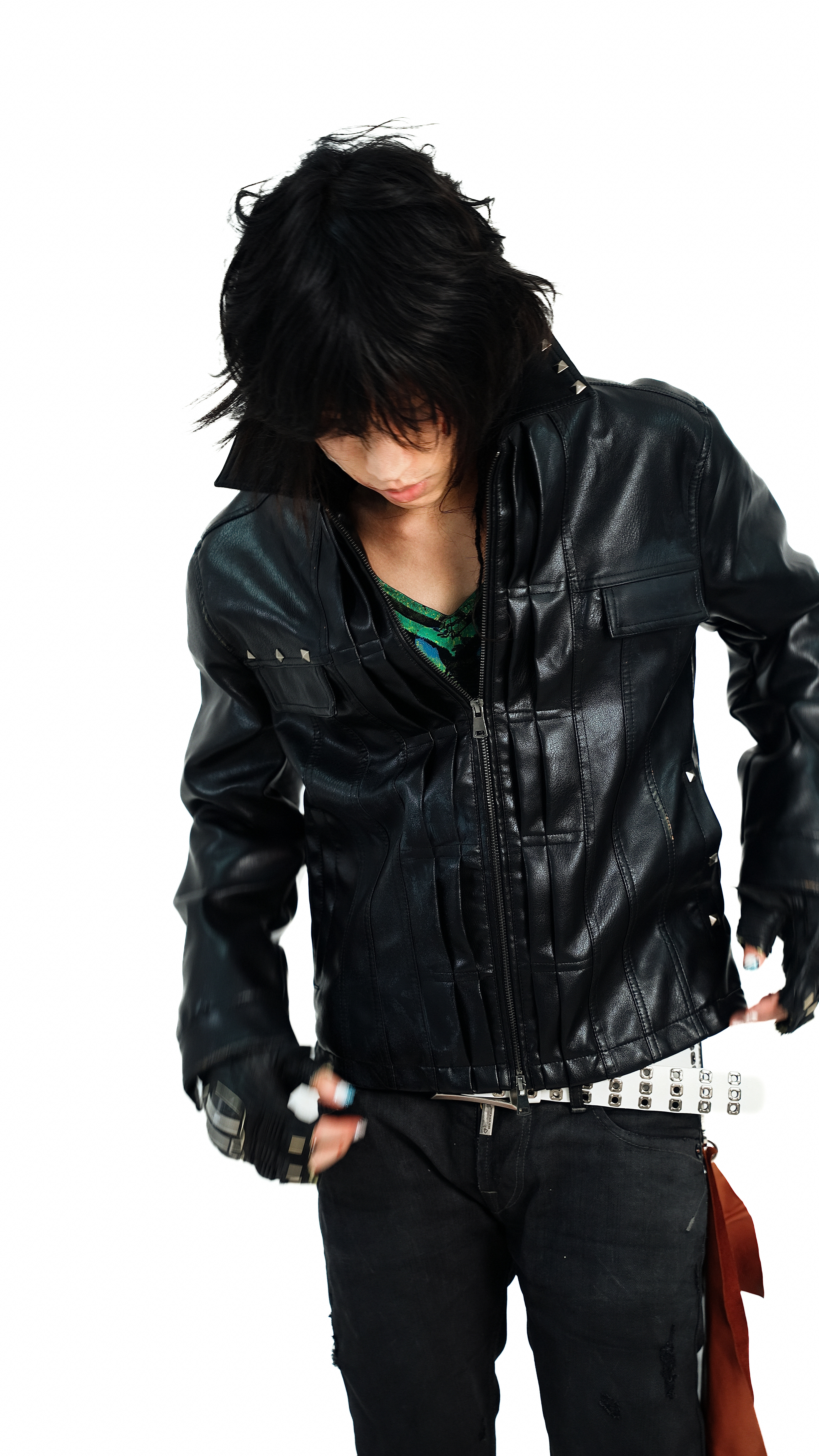 PunkFK环保皮革抽褶百叶铆钉皮衣皮夹克外套仿牛皮蛋白质皮重工