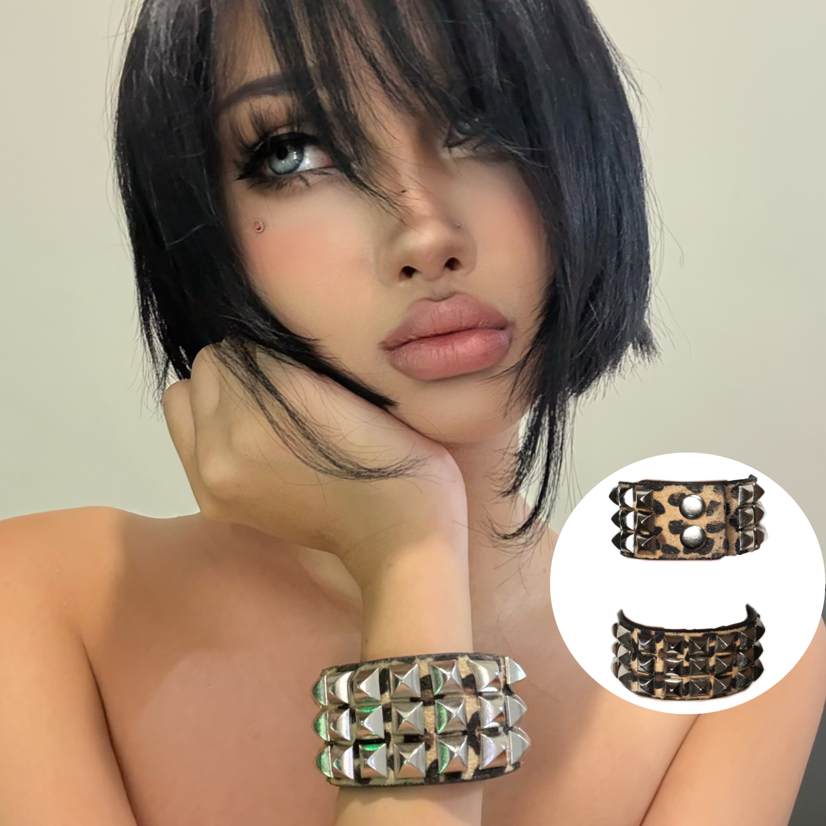 豹纹毛毛铆钉方砖手镯手环男女