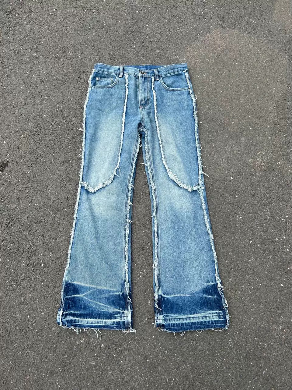 清仓PunkFK毛边牛仔裤复古水洗破坏毛边直筒宽松阔腿拖地长裤微喇