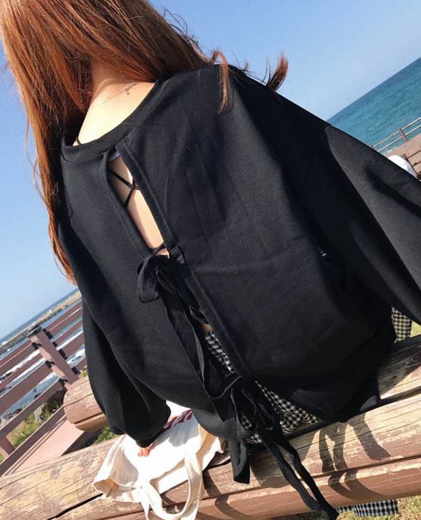 后背系带卫衣秋新款宽松长袖打底衫露背小心机性感黑色毛圈上衣
