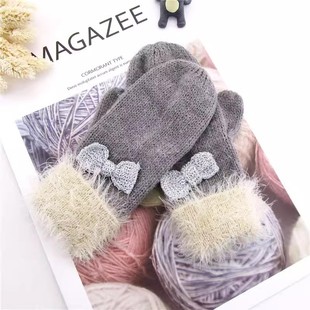 女童手套秋冬宝宝儿童针织连指手套蝴蝶结毛线羽毛纱手滑舒适温暖